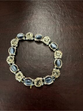 Silver Floral Link Bracelet with Blue Cabochon Accents